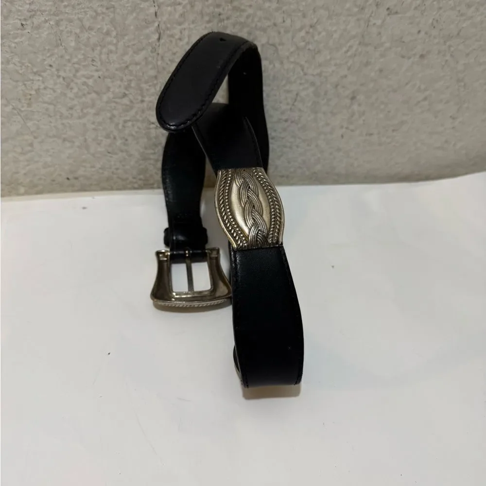 Fossil silver toned metal links leather  women's belt 34” Black Leather Size S